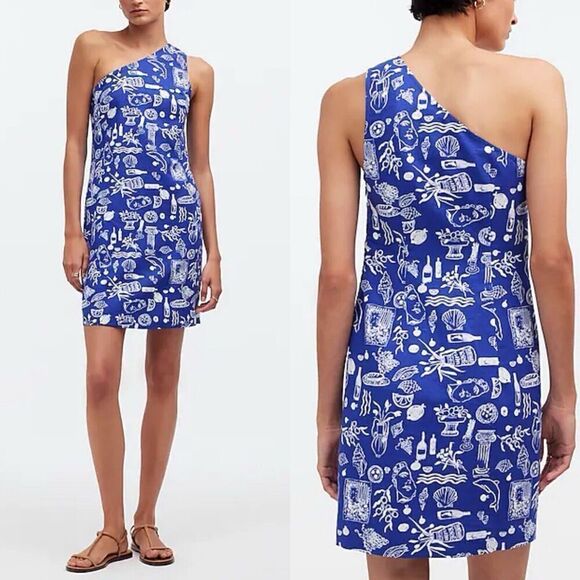 MADEWELL x Lisa Says Gah! Mini Dress Women 10 One Shoulder NEW Blue Greek NQ574